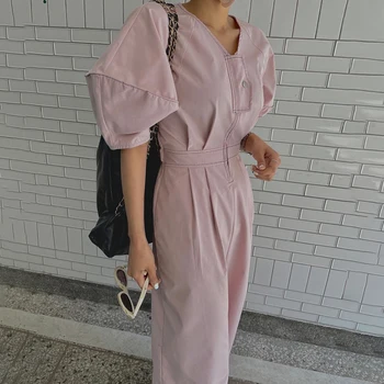 Women summer casual long jumpsuits lantern sleeve high waist wide leg straight long pants rompers solid overalls