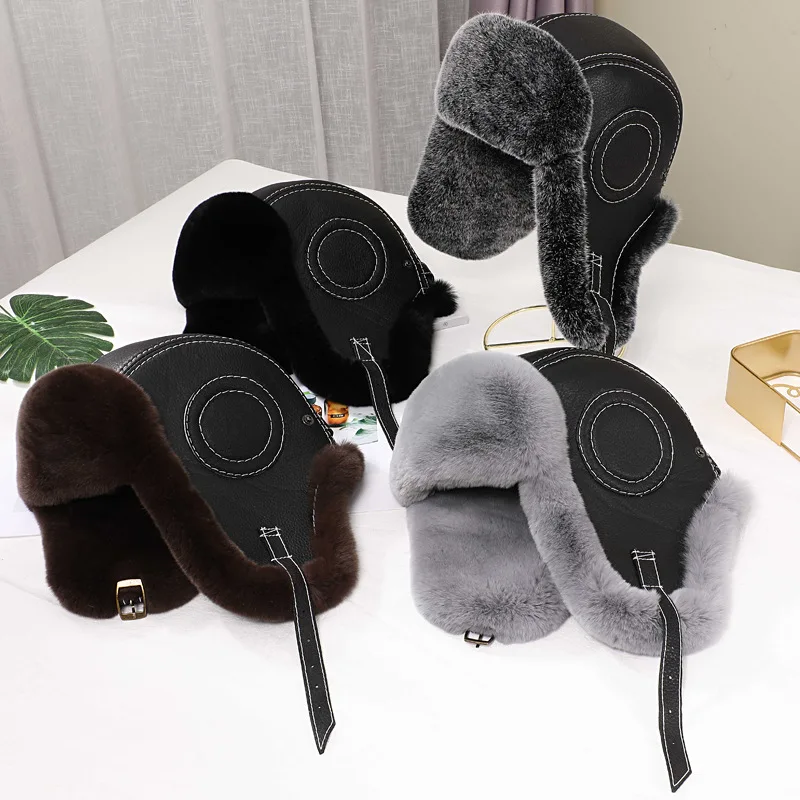 New Arrival Men\'s 100% Natural Rex Rabbit Fur Bomber Hats Winter Russian Man Warm Real Sheepskin Leather Hat Male Real Fur Caps