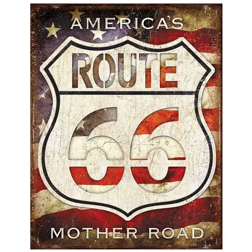 American Flag Route 66 Mother Road Tin Sign Metal Wall Art Patriotic Decor