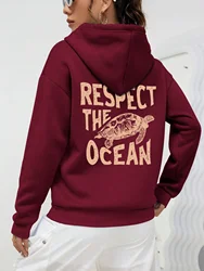 Respect The Ocean Green Turtle Women Hoodie Harajuku High Quality Hoody Vintage Warm Sweatshirt Autumn Loose Casual Tracksuit