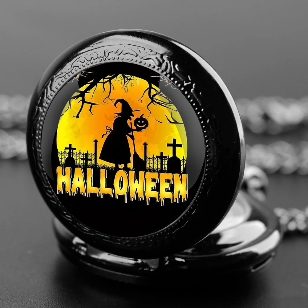 Creative Witch Design Glass Dome Practical Quartz Pocket Watch Fob Chain Necklace Mens Kids Gifts Clock Halloween Gifts