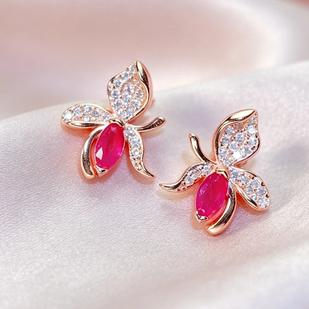 Real 925 Silver Natural Ruby Stud Earrings with Certificate 3x6mm 0.3ct Genuine Ruby Silver Earrings with 18K Gold Plating