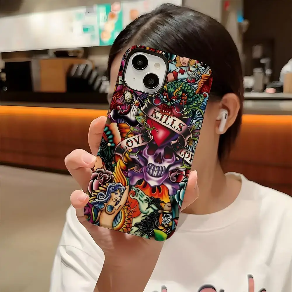 حافظة هاتف Ed Hardy من البولي كربونات الصلبة لهاتف آيفون 16 برو ماكس 16 15 14 Plus 13 12 11 غطاء عالي الدقة لامع اثنين في واحد