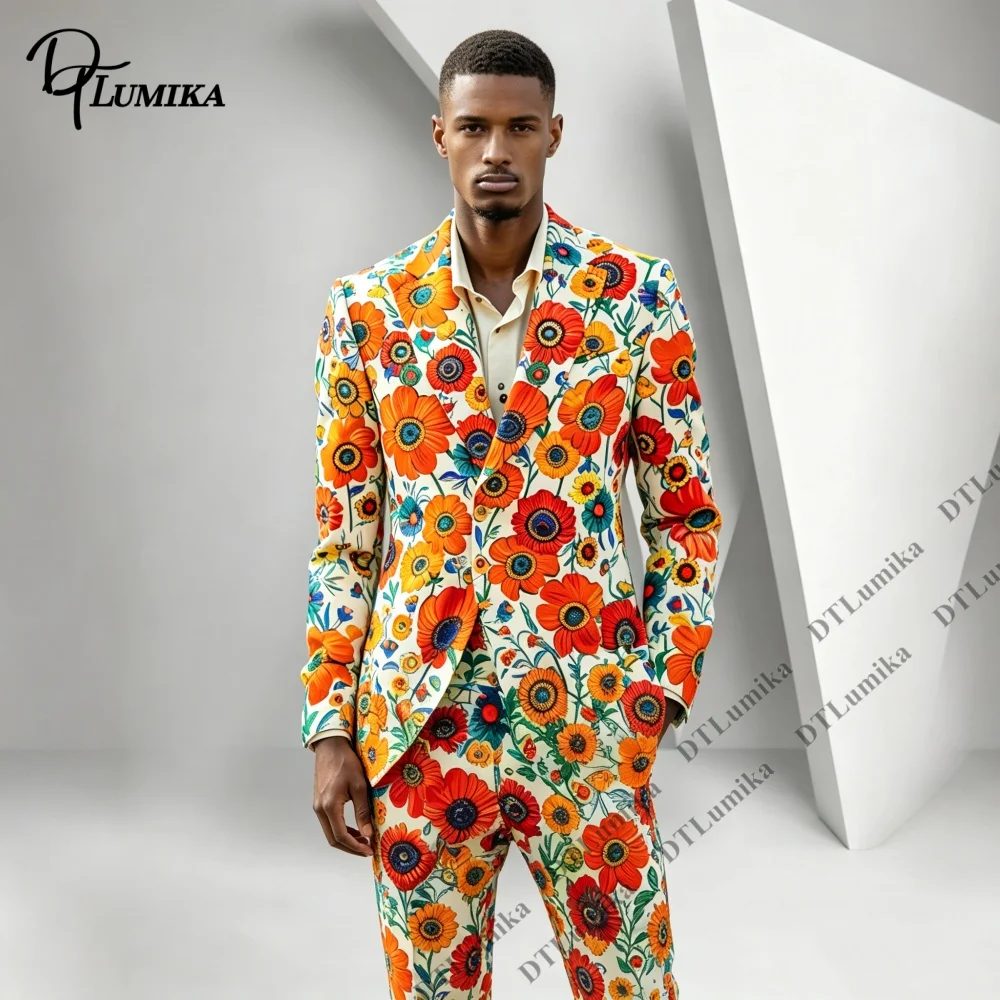 Vibrant Mixed Orange Men 2 Piece Suit Summer Blazer Daisy Floral Full Print Party Prom Outfit for Men from XS-4XL Vocation Suit