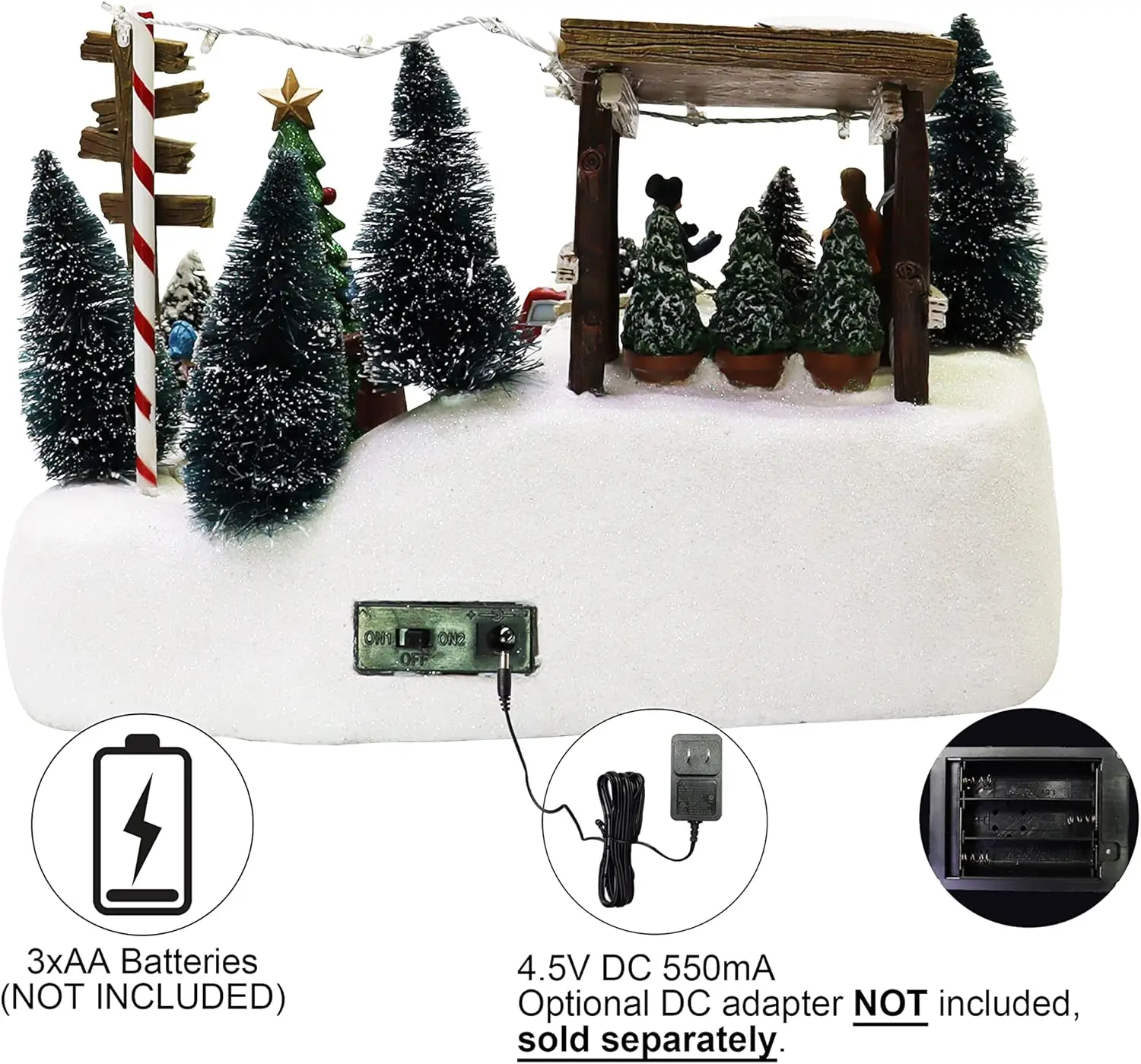 Arbre de village de Noël avec lumières LED et musique, décoration d'intérieur à piles pour affichage festif