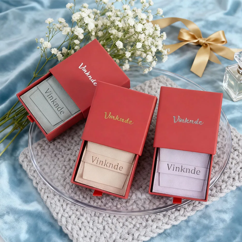 

100set Custom Logo Red Cardboard Sliding Drawer 7X9cm Jewelry Boxes Microfiber Flip Gift Bags Ring Earrings Organizer Case Pouch