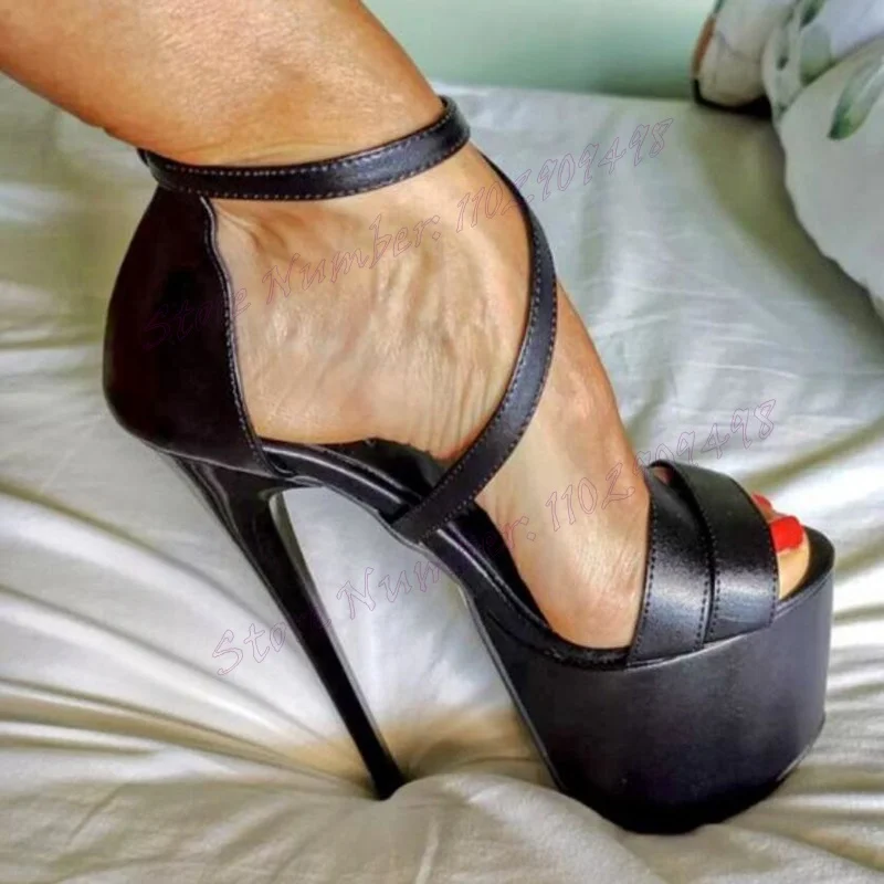 Sandali con plateau in pelle nera opaca cinturino alla caviglia scarpe Open Toe per donna copri tacchi scarpe con tacco alto 2024 Zapatos Para Mujere