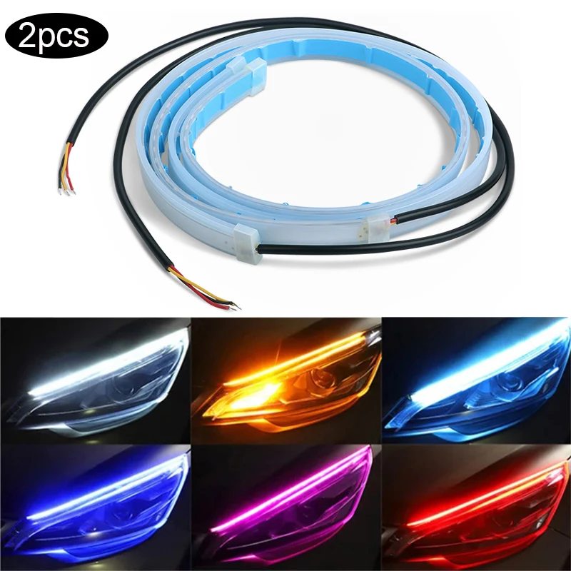 2pcs LED DRL Car Daytime Running Light Flexible Waterproof Strip Auto Headlights White Turn Signal Yellow Brake Flow Lights 12V