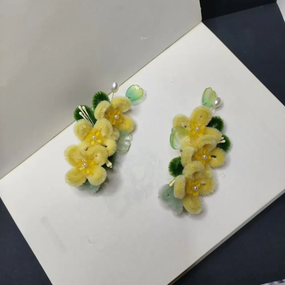 Fashion Floral Yellow Flower Hairpin Bowknot Suede Chinese Style Hair Clip Cloth Cute Long Streamer Barrettes Female