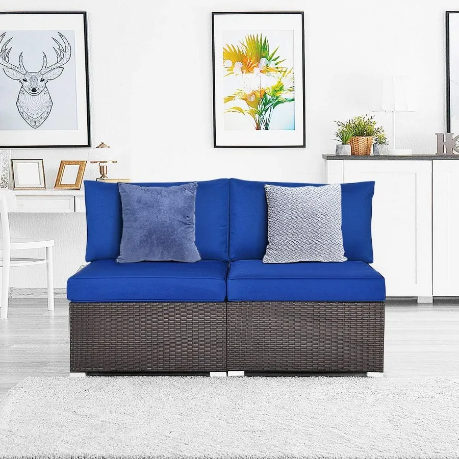 أريكة الروطان بدون ذراع مكونة من قطعتين مع وسائد قابلة للإزالة وإطار فولاذي شديد التحمل - محادثة مقطعية للفناء الخارجي Se #2