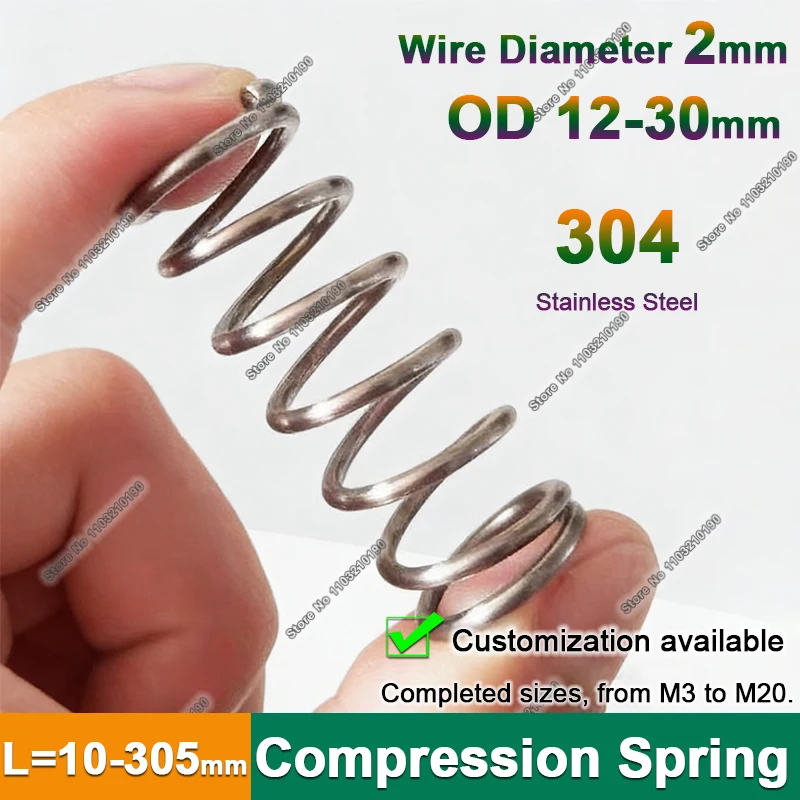 2mm Compression Return Spring OD 12-30mm Stainless Steel Coil Compressed Backspring Shock Absorbing Pressure Springs L=10-305mm