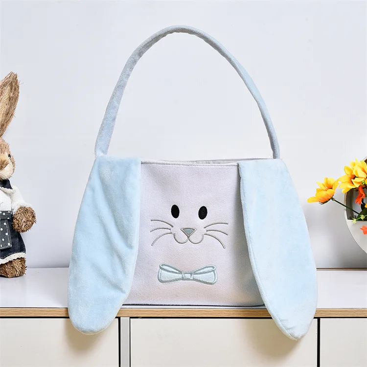 Customized embroidered Easter decoration arrangement cute rabbit ears carrying basket velvet cloth easter egg storage carrying b
