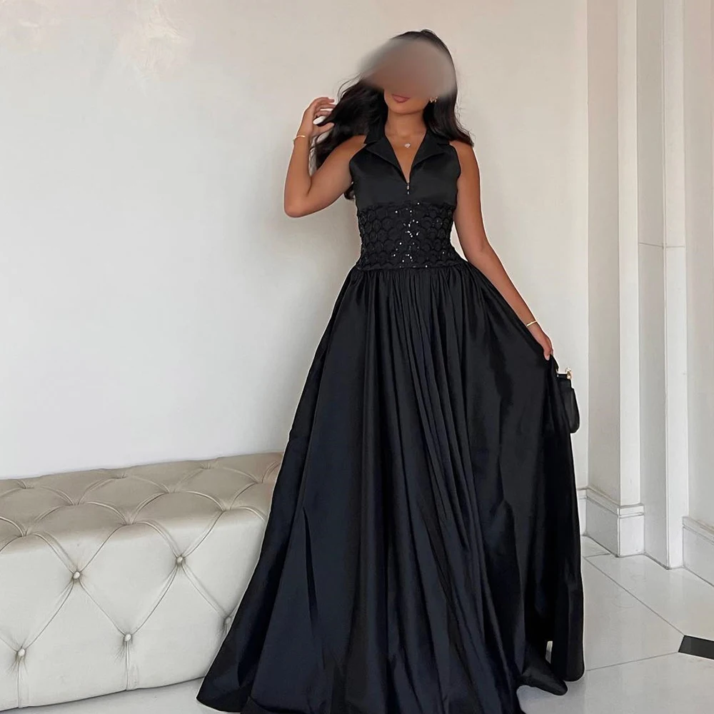 

Customized Sexy Satin Sequined A-Line Evening Dress High Quality Floor Length Sleeveless V-Neck vestidos para mujer
