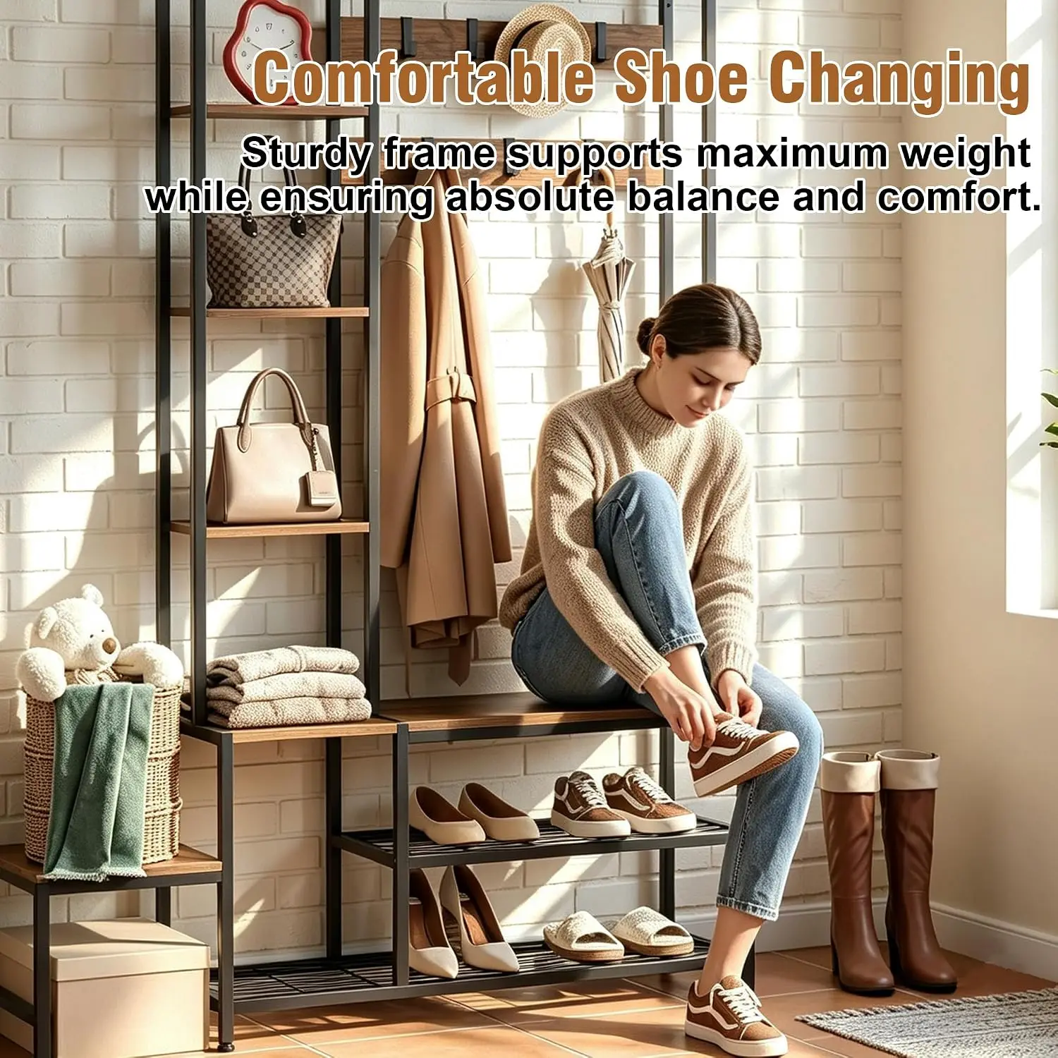 Brown 5-in-1 Entryway Hall Tree with Shoe Storage Bench, Coat Rack Featuring 7 Hooks & 4-Tier Side Shelves, Multifunctional Organizer for Hallway Mudroom Bedroom view 5