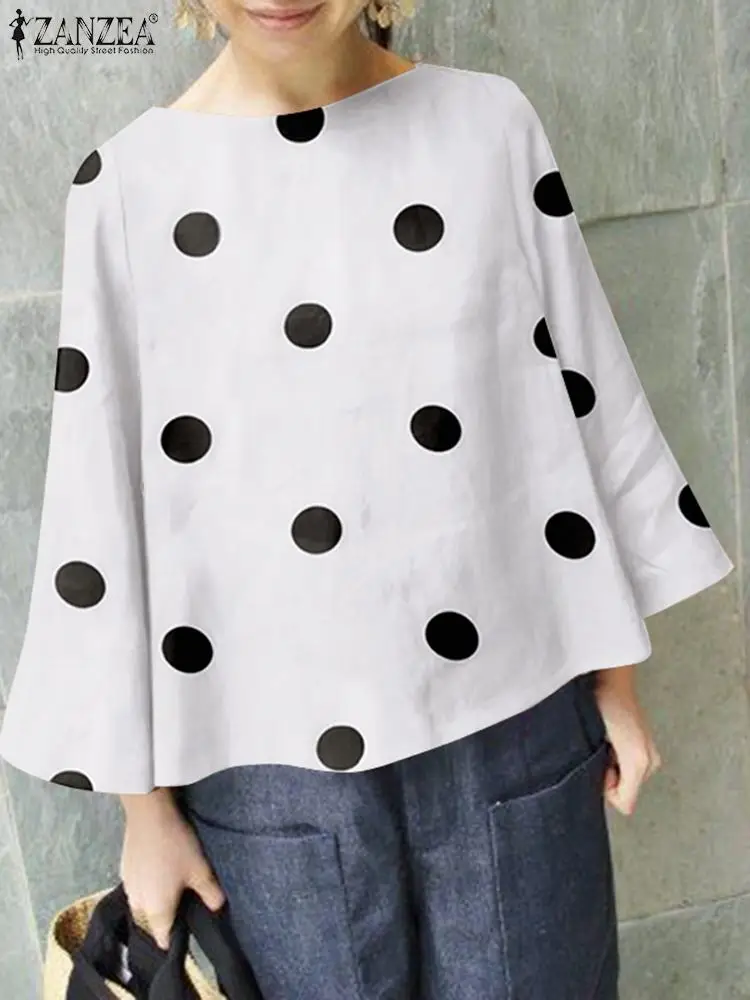 Vintage O Neck Long Sleeve Polka Dot Printed Shirt ZANZEA Fashion Women Blouse Oversize Tunic Tops Loose Holiday Party Blusas