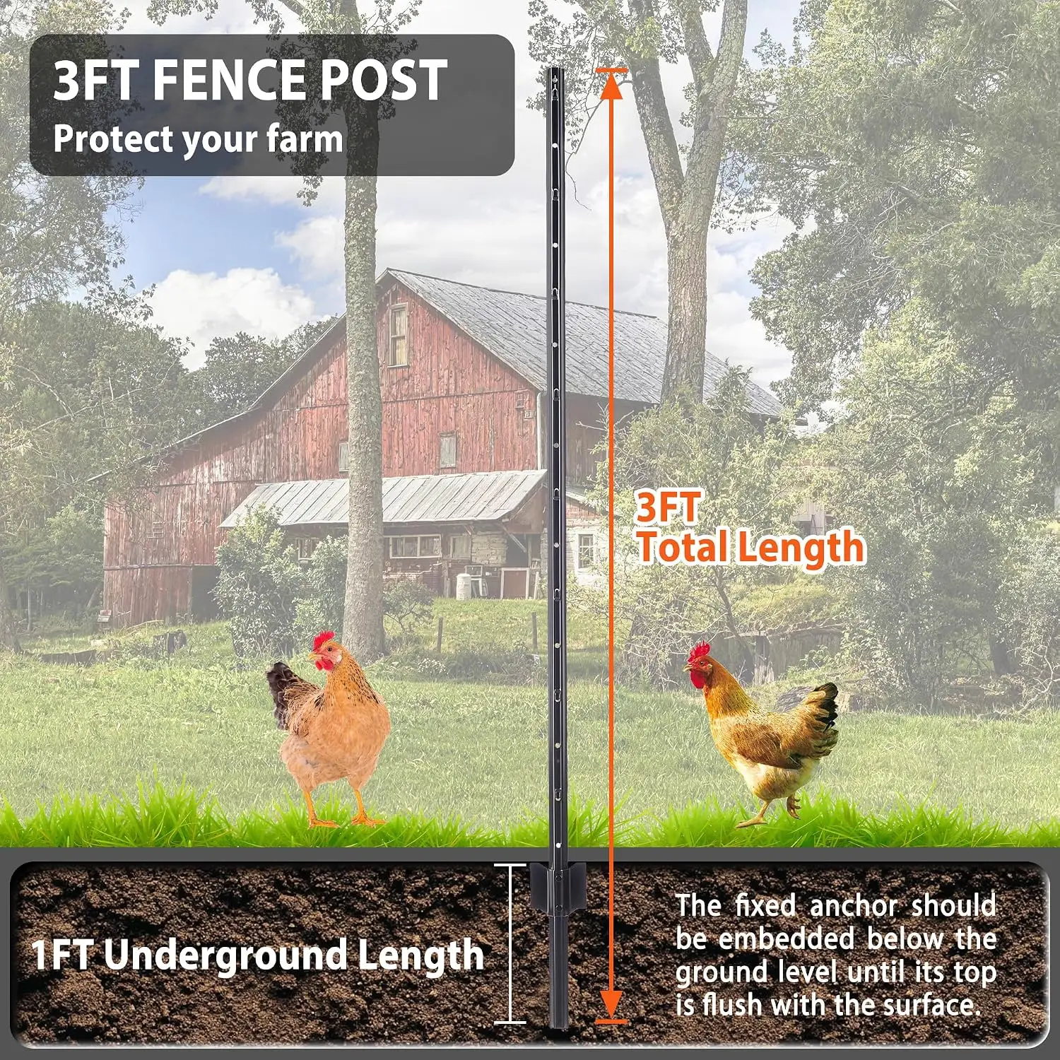 3 FT Metal Fence Posts 20 Pack, Heavy Duty U-Post Garden Stakes, No-Dig T Post for Wire Fencing, Farm, Yard & Garden, Rustproof