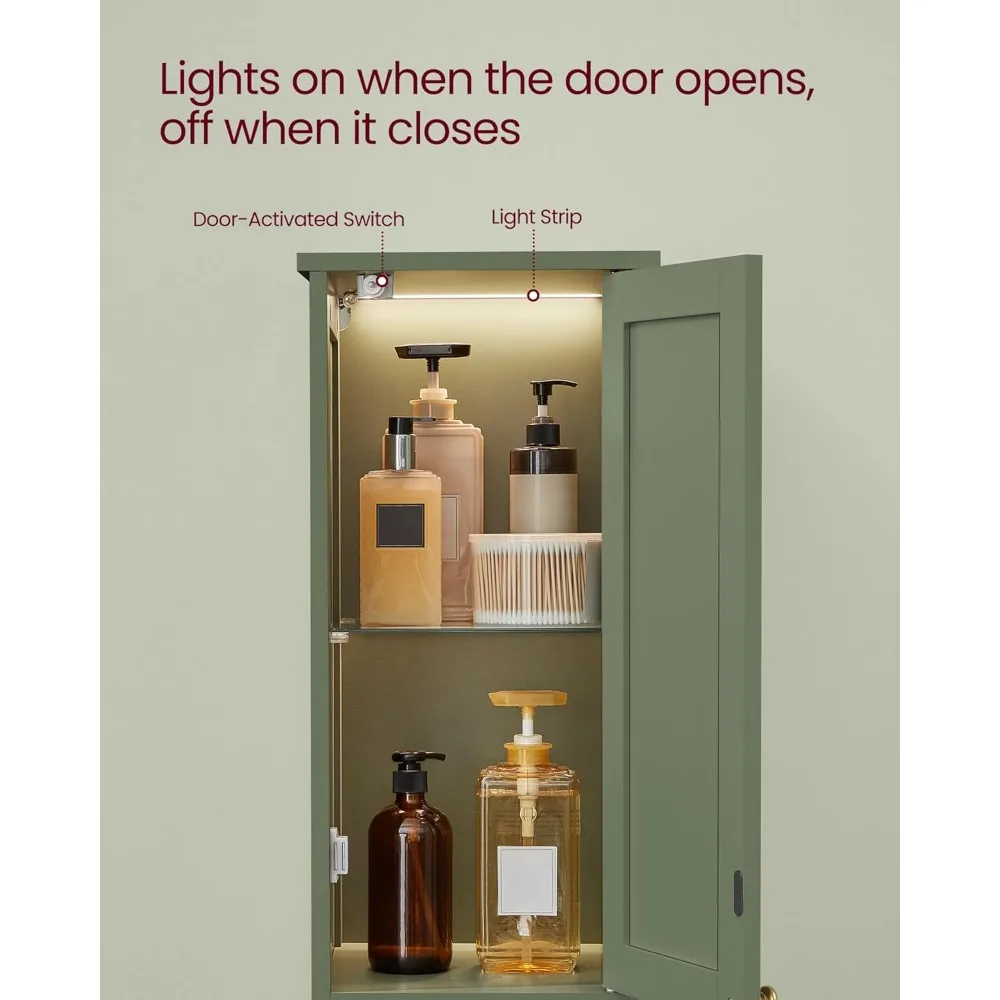 Illuminated Tall Bathroom Storage Cabinet with Adjustable Shelves for Compact Spaces
