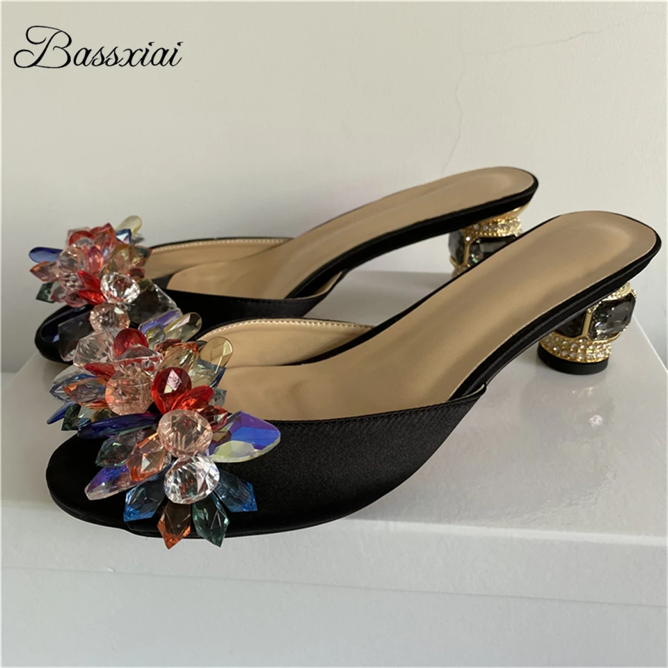 Crystal Beads Flower Decor Party Shoes Woman 6cm Diamond Heels Sexy Open Toe Black Satin Slingbacks Sandals Women Summer