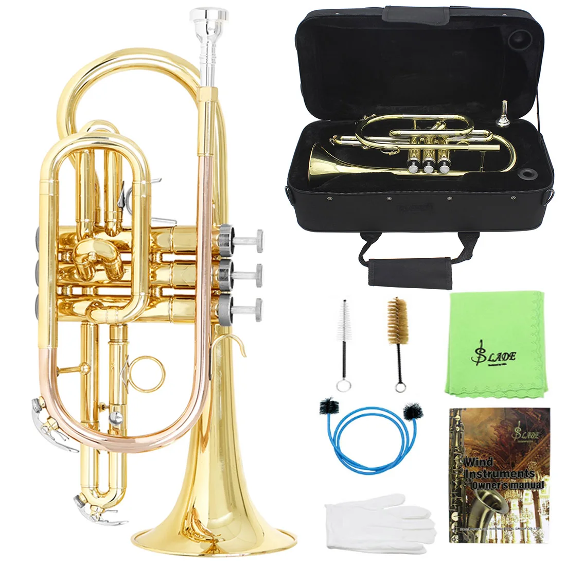 SLADE Pocket Trumpet Brass Bb Gold Lacquer Mini Trumpet with  Mouthpiece Case Strap Gloves Cleaning Kit  for Students Beginners