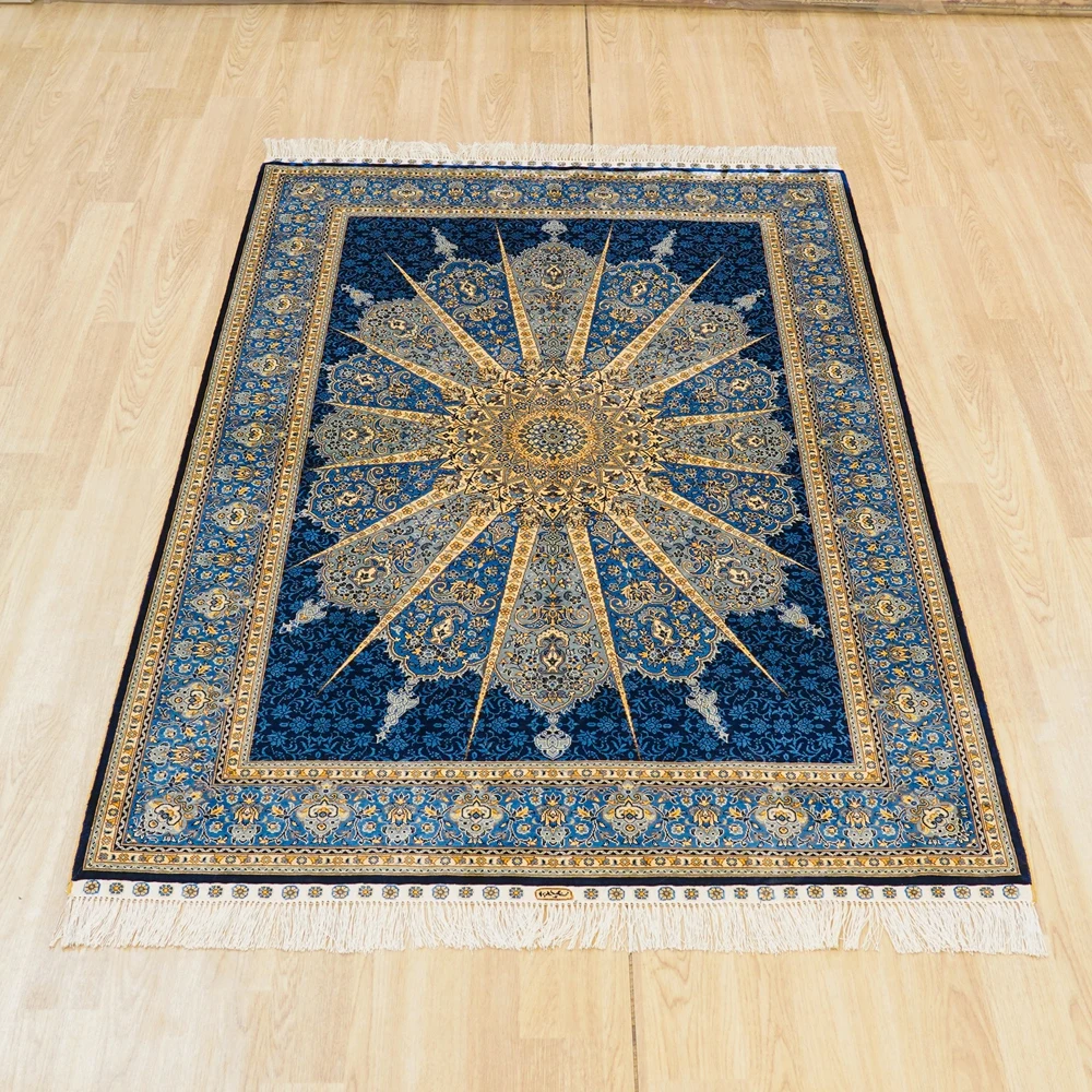 122x183cm Tabriz Carpet Blue Handmade Exquisite Hand Knotted Persian Silk Rug