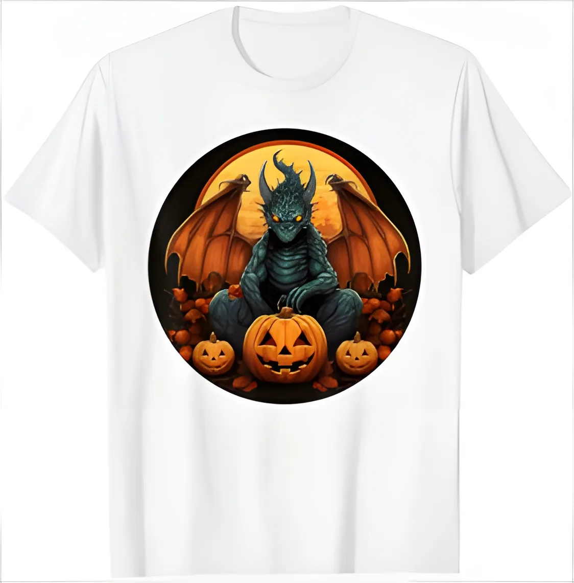 Scary sitting Dragons Face with Pumpkins for Man and Woman T-Shirt