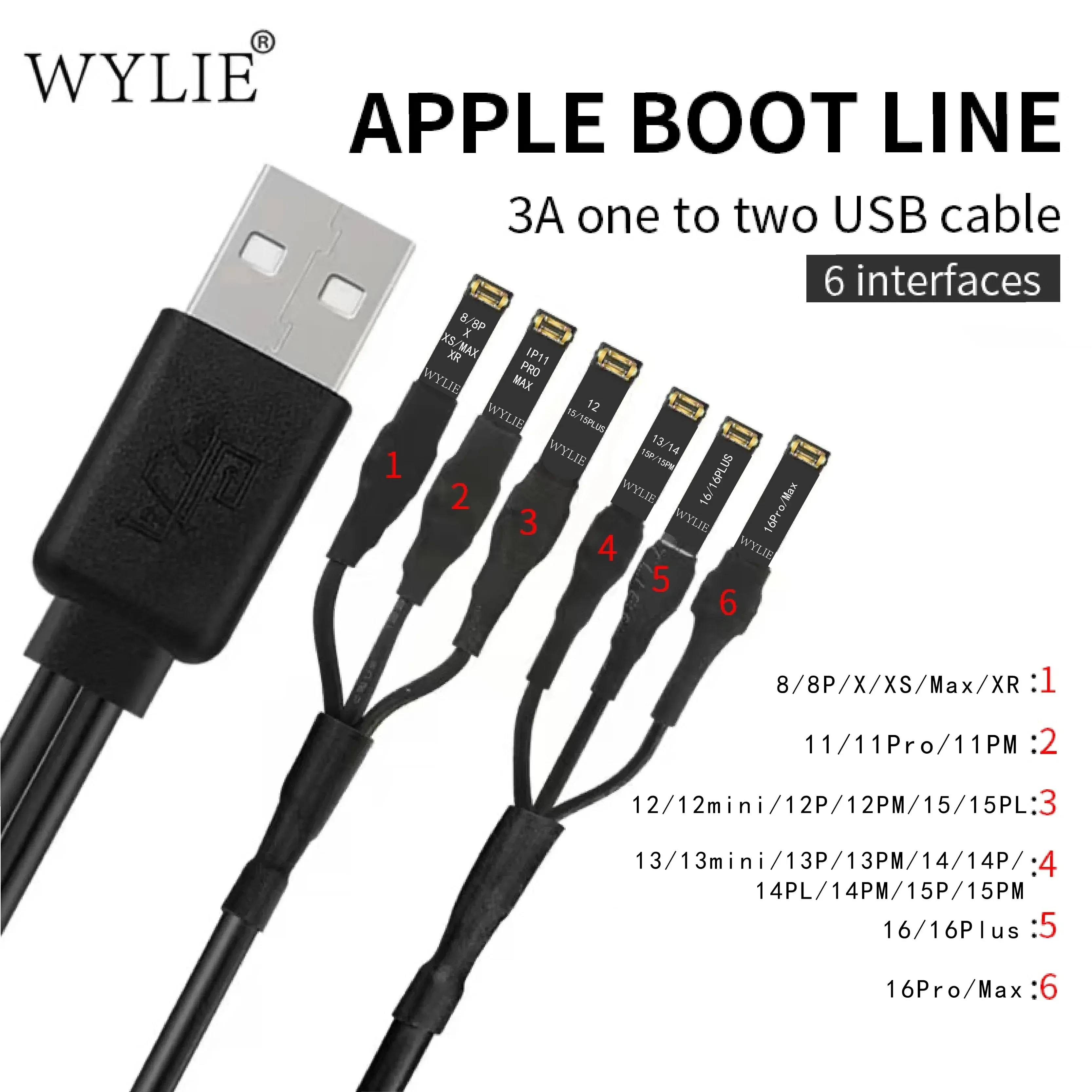 WYLIE Boot Power Cable 3A 6 ports FPC DC Power Supply Test Cable for iPhone 8 XS 11 12 13 14 14 15 16 Pro Max Motherboard Repair