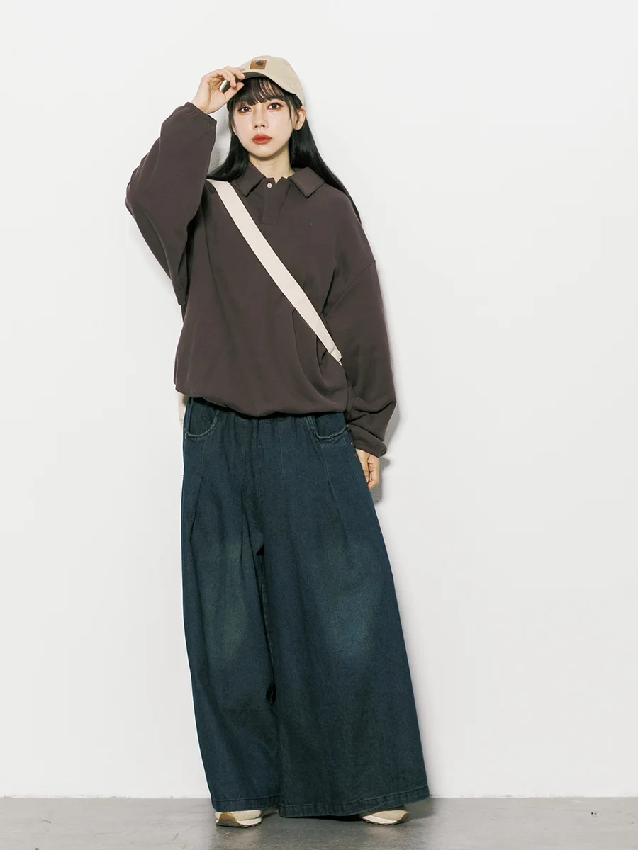 Retro Japanese Style Girls Jeans Elastic Waist Two Sided Pockets Slimming Casual Wide Leg Pants Deep And Light Colors