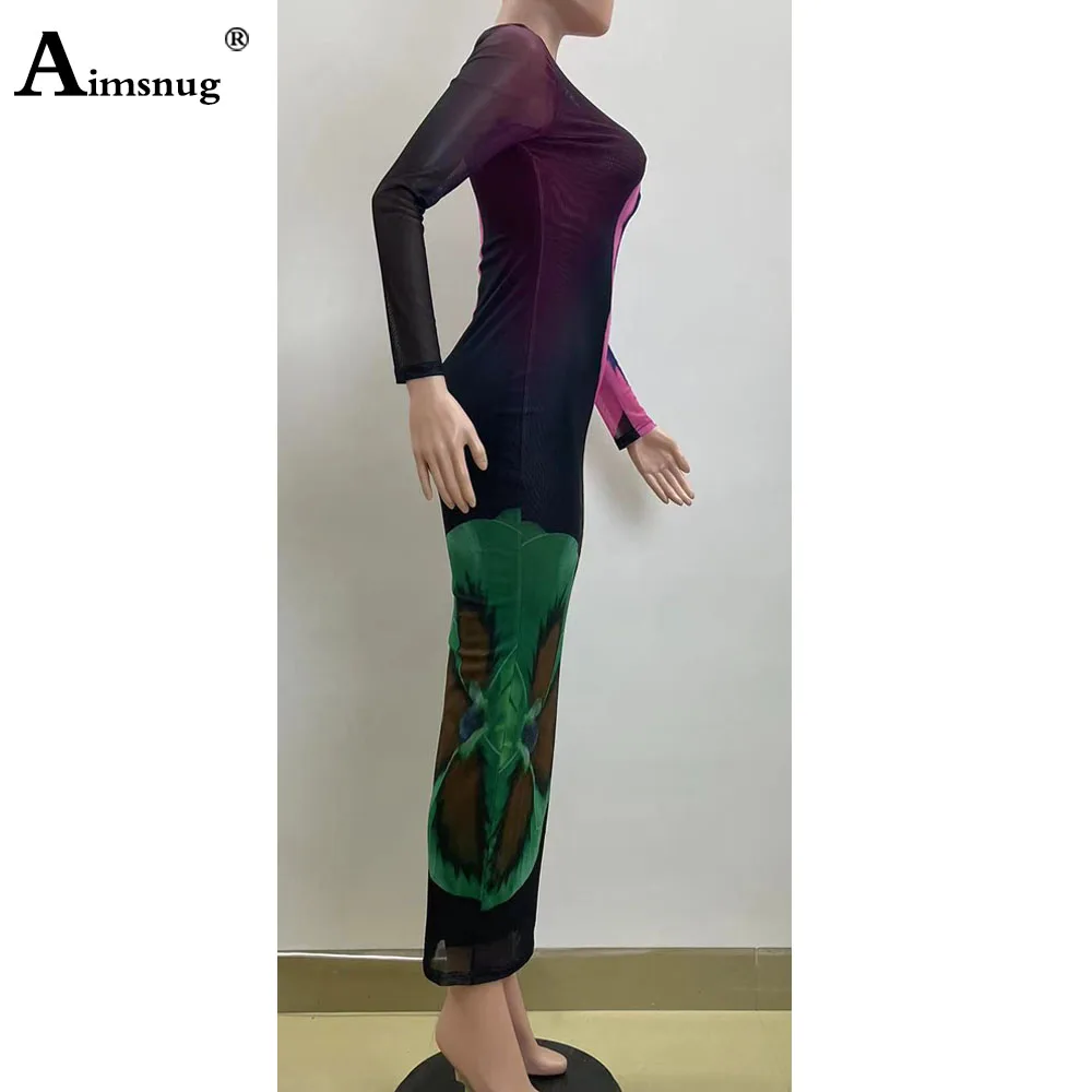 Vrouwen Lange Mouw Boho 3d Print Jurk Sexy Lange Bodycon Slim Fit O-hals Bevreesfeest Avondjurk Dames Elegante Maxi Jurken