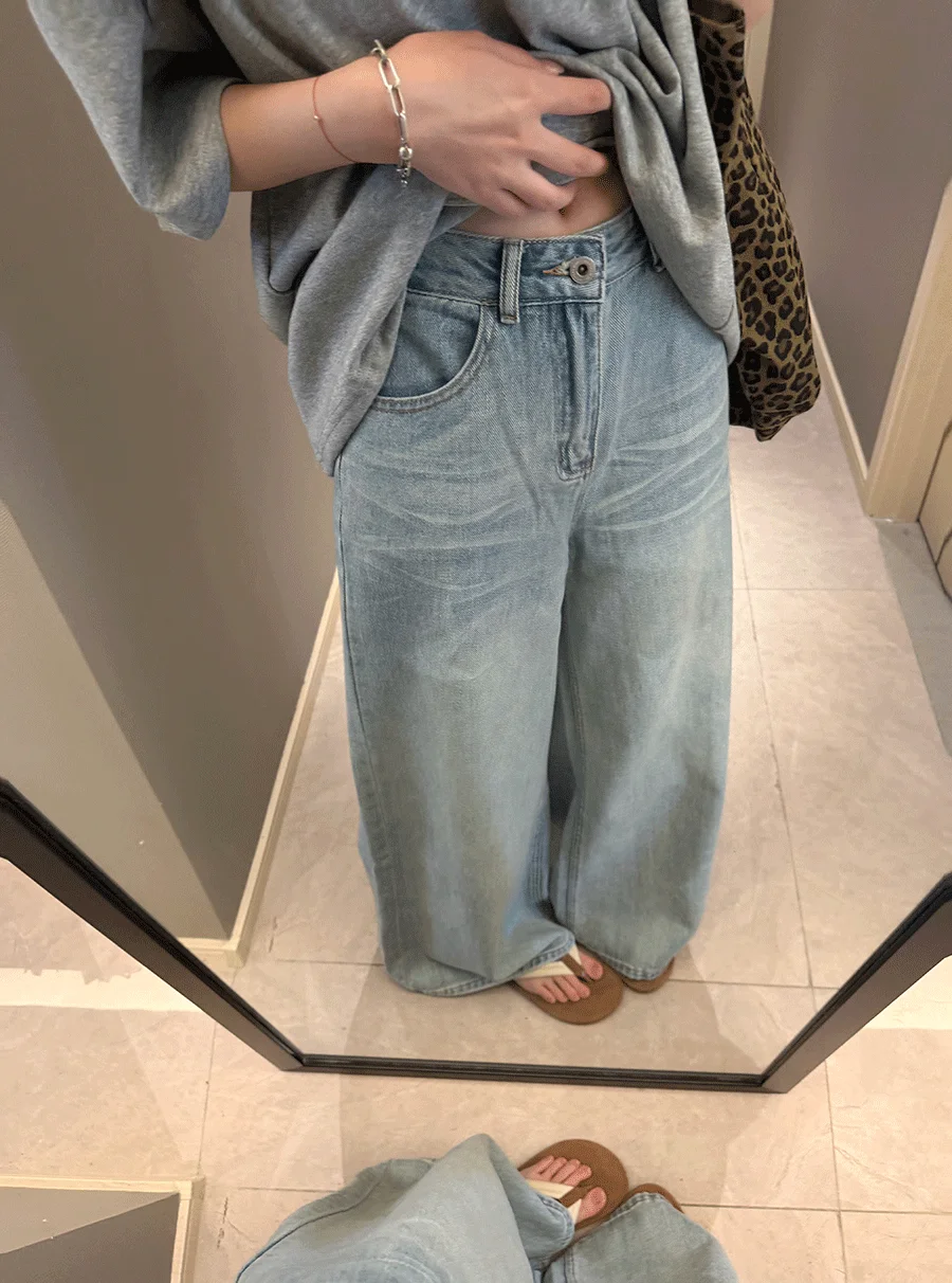 

High Waist Straight Leg Jeans Women's Miu Series Casual Pants Korean Style Slimming Cotton Fabric Button Closure