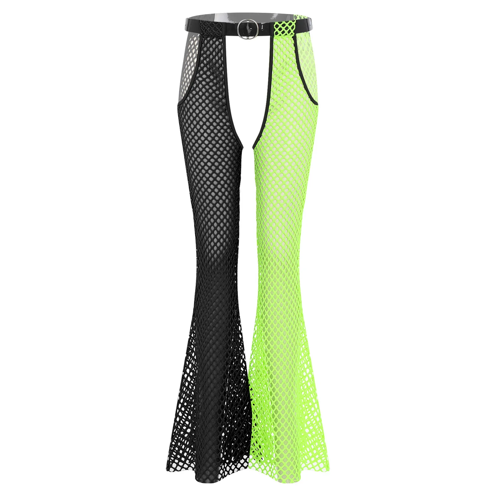 Womens Sexy See Through Fishnet Mesh Chaps Flare Pants Hollow Out Crotch Cover Up Trousers with Waist Belt Rave Party Clubwear