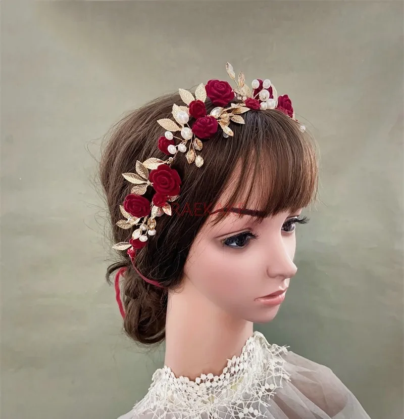 

1PCS Exquisite velvet wine red rose headband, children's golden leaf princess birthday headband, flower wreath