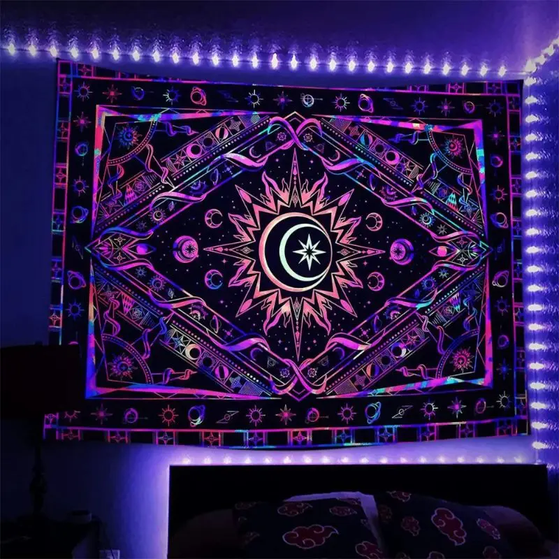 VIKAMA Blacklight Vibrant Gaming Glyphs Triangle Circle Square Cross Reactive Tapestry Gamer Wall Decor Soft Durable Cozy Gift