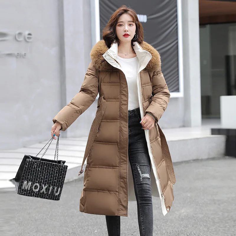 Parka da donna cappotto Casual vento 2023 nuovo collo di pelliccia cintura dimagrante Skinny elegante cotone lungo abbigliamento donna inverno