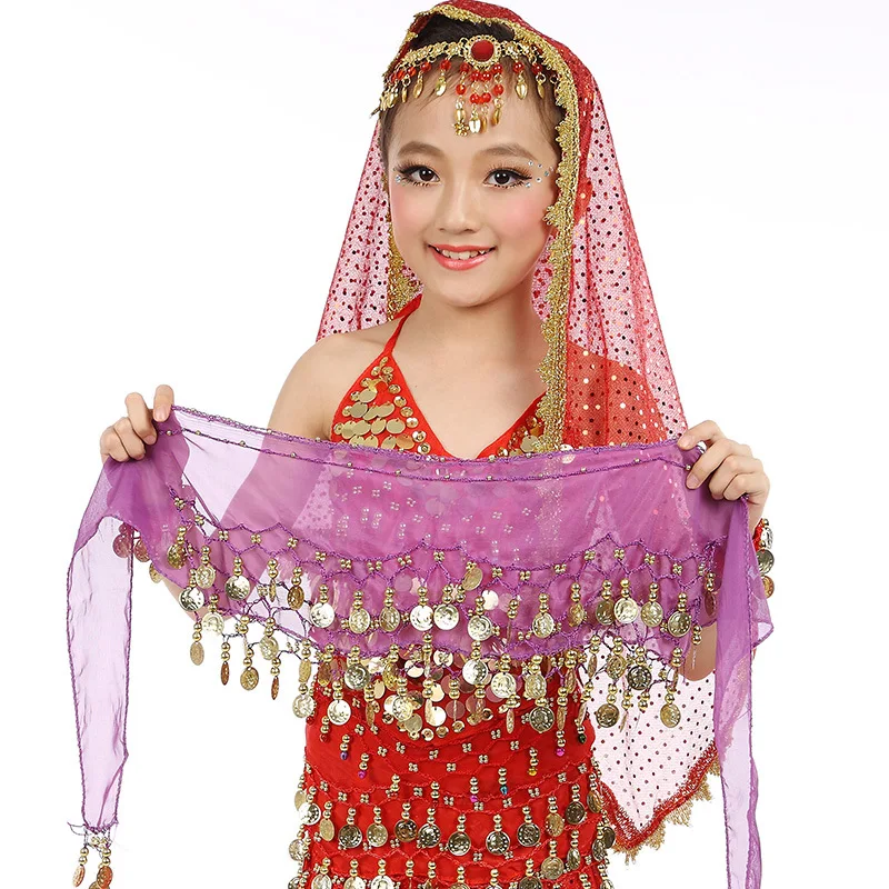 Girls Coins Belly Dance Hip Scarf Kid Practice Bellydance Costume Belt Skirts Towel Waist Hip Training Skirt Clothes Lesson Wear