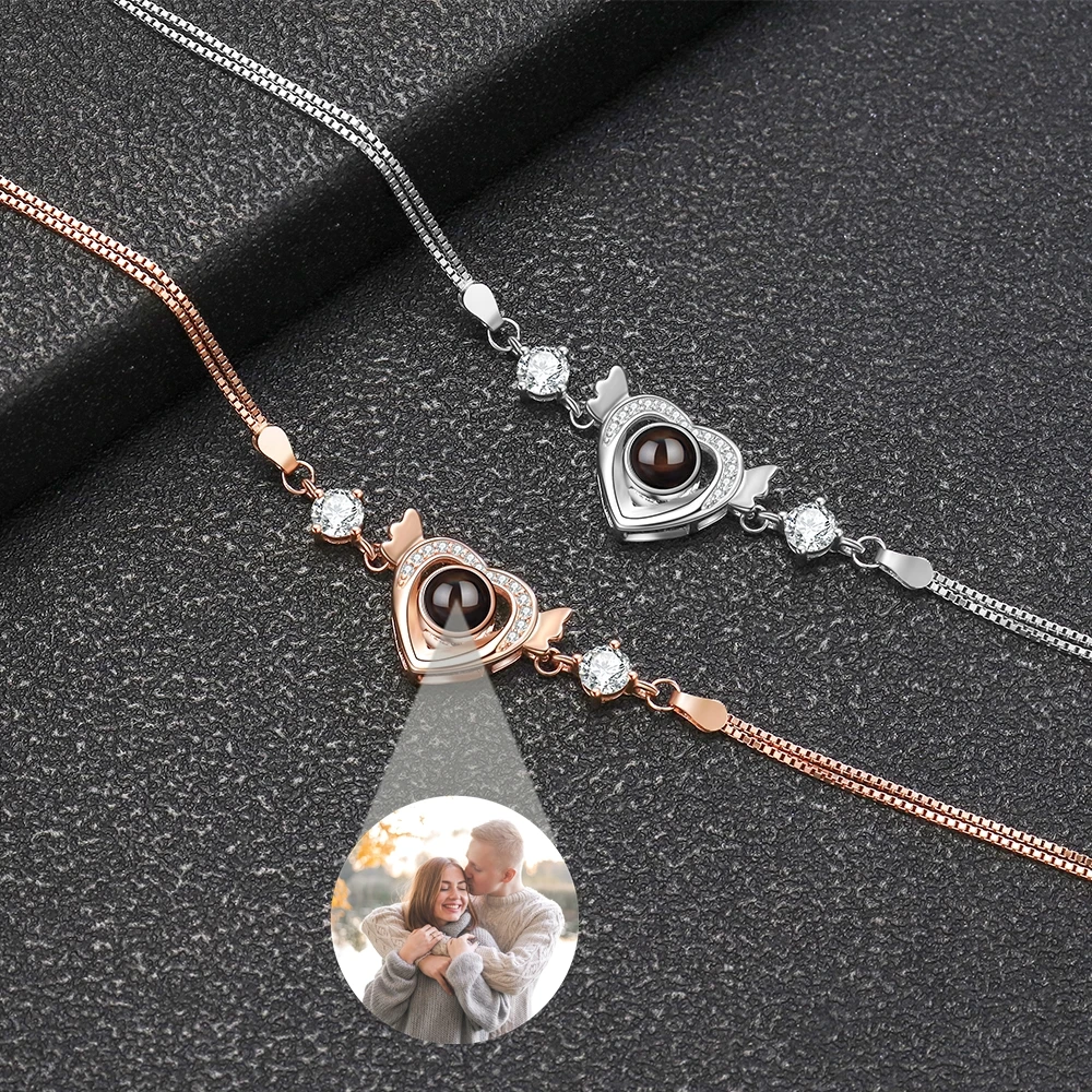 

Custom Photo Bracelet for Women Projection Photo Wings Heart Pendant Bracelet Wife Christmas Gift