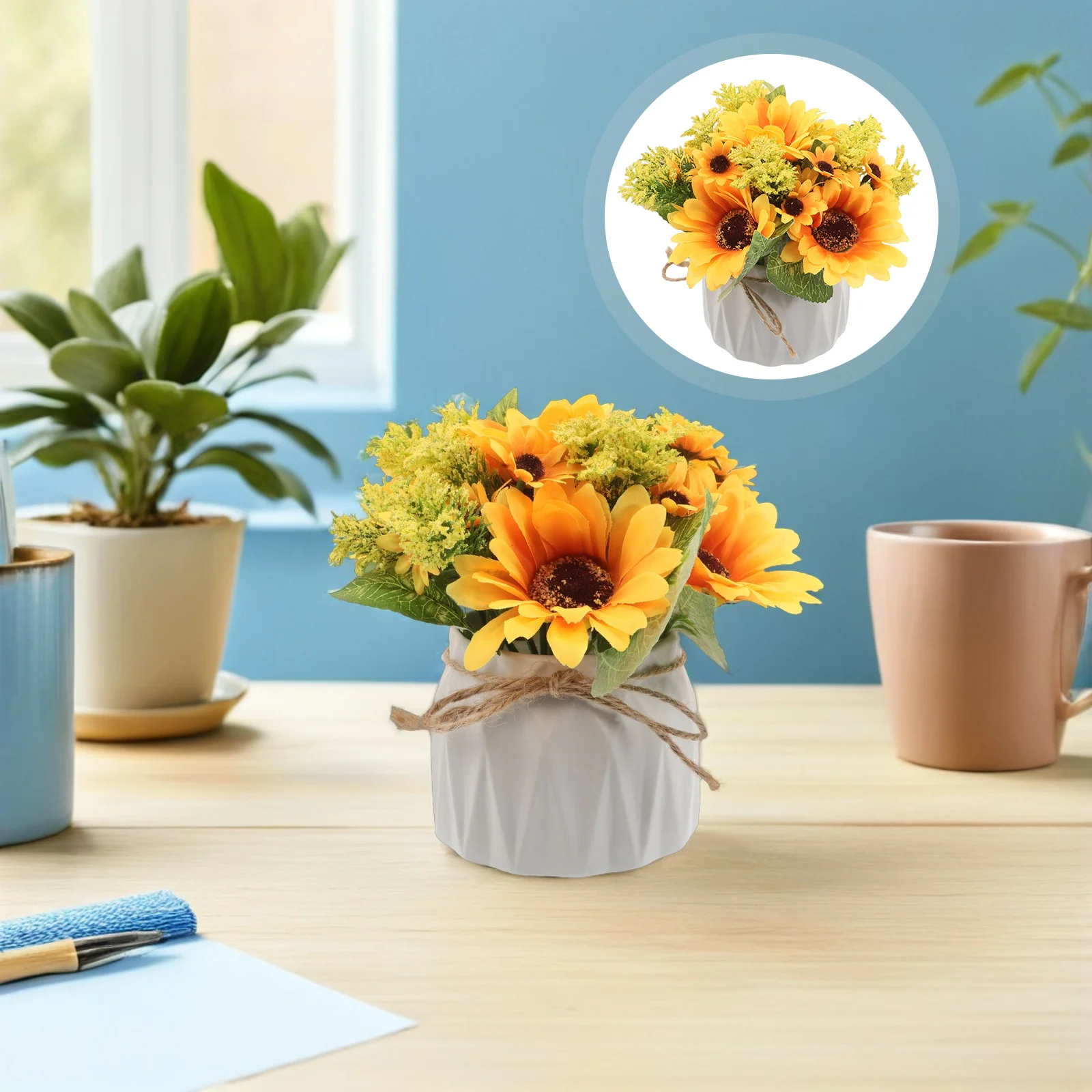 

Nordic Faux Flower Set Ceramic Vase Jute Rope Modern Home Decor Lifelike Artificial Plants No Maintenance Yearround Elegance