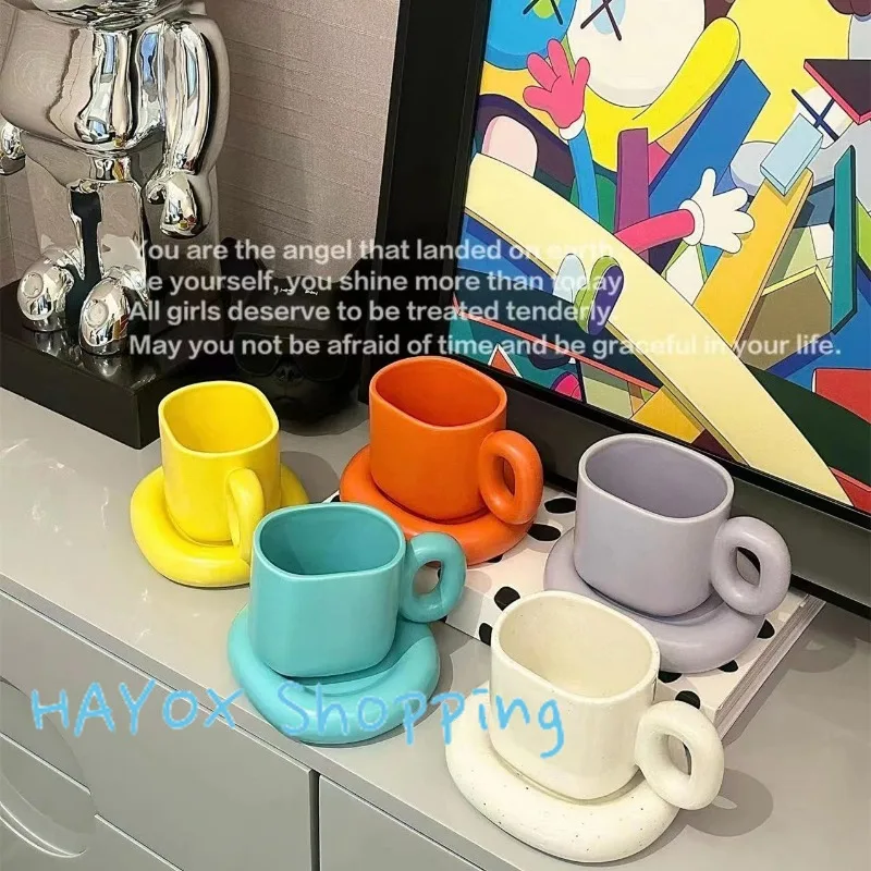 Creative Solid Color Ceramic Coffee Cup Thick Saucer Afternoon Tea Dessert Tea Cup Breakfast Bread Milk Mug Couple Gift Mug Home view 2