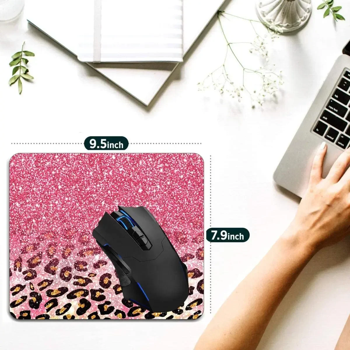 Mouse Pad,Cute Pink Faux Glitter Leopard Computer Mouse Pads Desk Accessories Non-Slip Rubber Base,Mousepad for Laptop Mouse