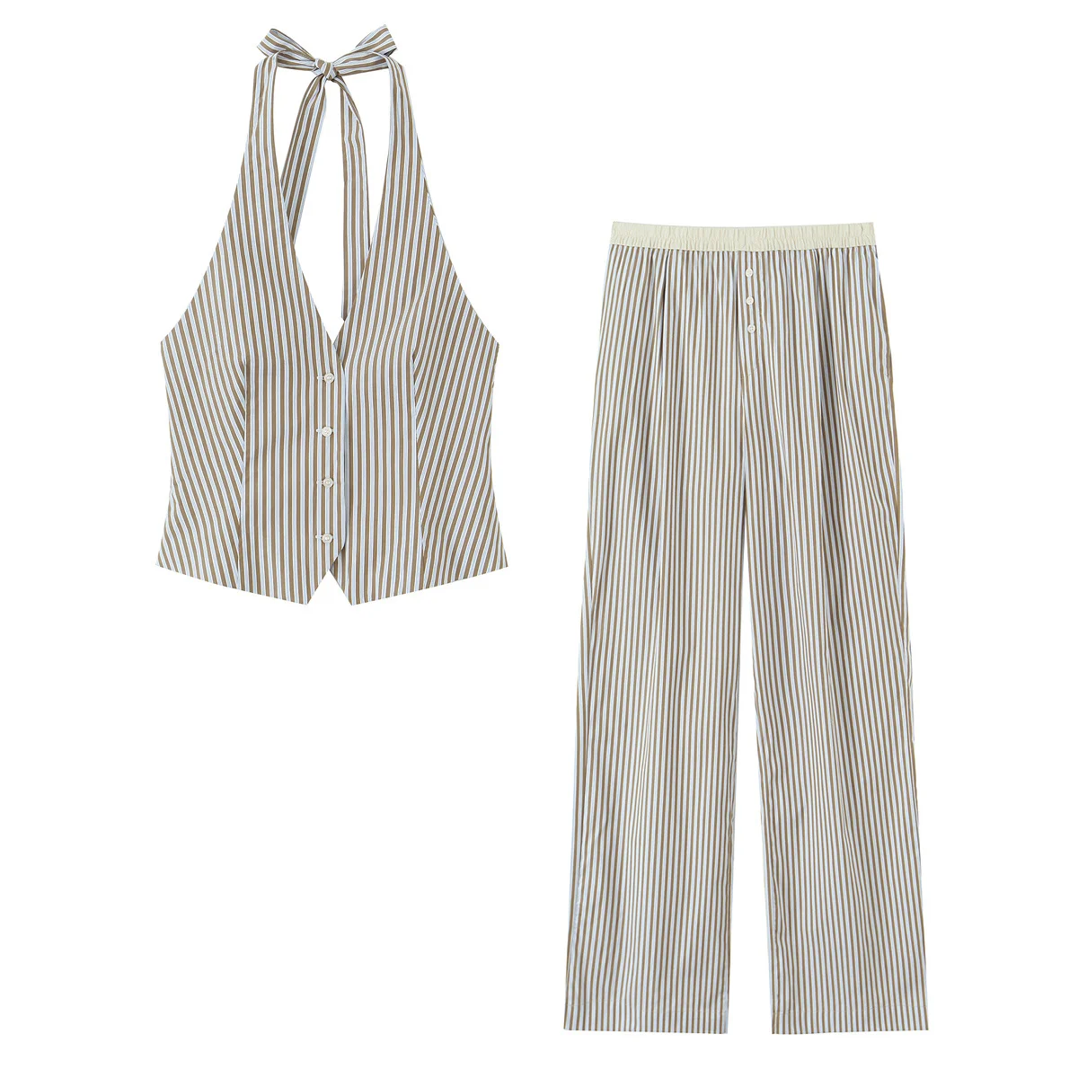 ZBZR Primavera Novo Conjunto F de Duas Peças com Colete t de Pescoço Suspenso e Calças Xadrez Moda Fibra de Pol...