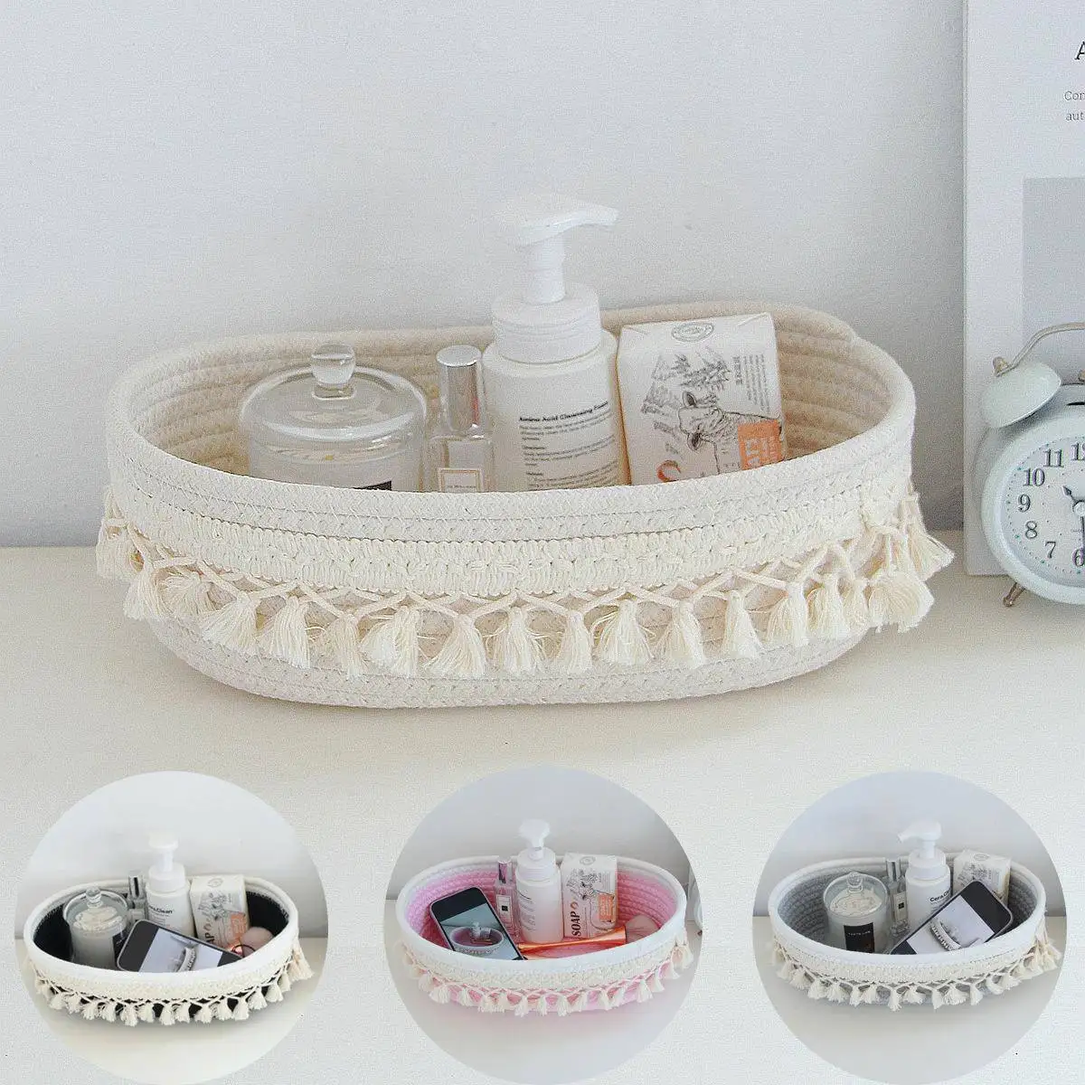 

Rope Woven Basket Cotton Cord Tassel Design Living Room Miscellaneous Items Organizer round ape Storage Basket Household Use