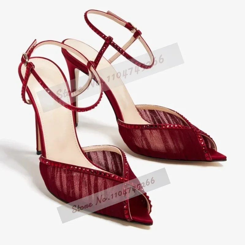 

Wine Red Air Mesh Crystal High Heel Sandals Elegant Stiletto Heels Lace Flowers Embroidery Pointed Wedding Shoes Glitter Pumps