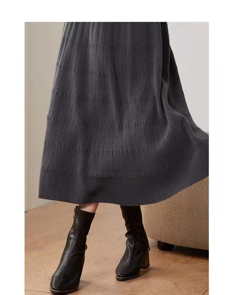 Striped Jacquard Pure Cashmere Skirt Female A-line Knitted Umbrella Skirt High Waist Medium Long Skirt