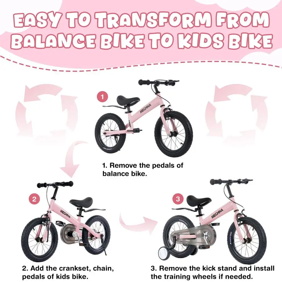 จักรยานทรงตัวสำหรับเด็กเล็ก 2 in 1 พร้อมล้อช่วยถอดได้ ขนาด 14 นิ้ว สำหรับเด็กอายุ 3-7 ปี พร้อมเบาะนั่งและแฮนด์จับปรับระดับได้