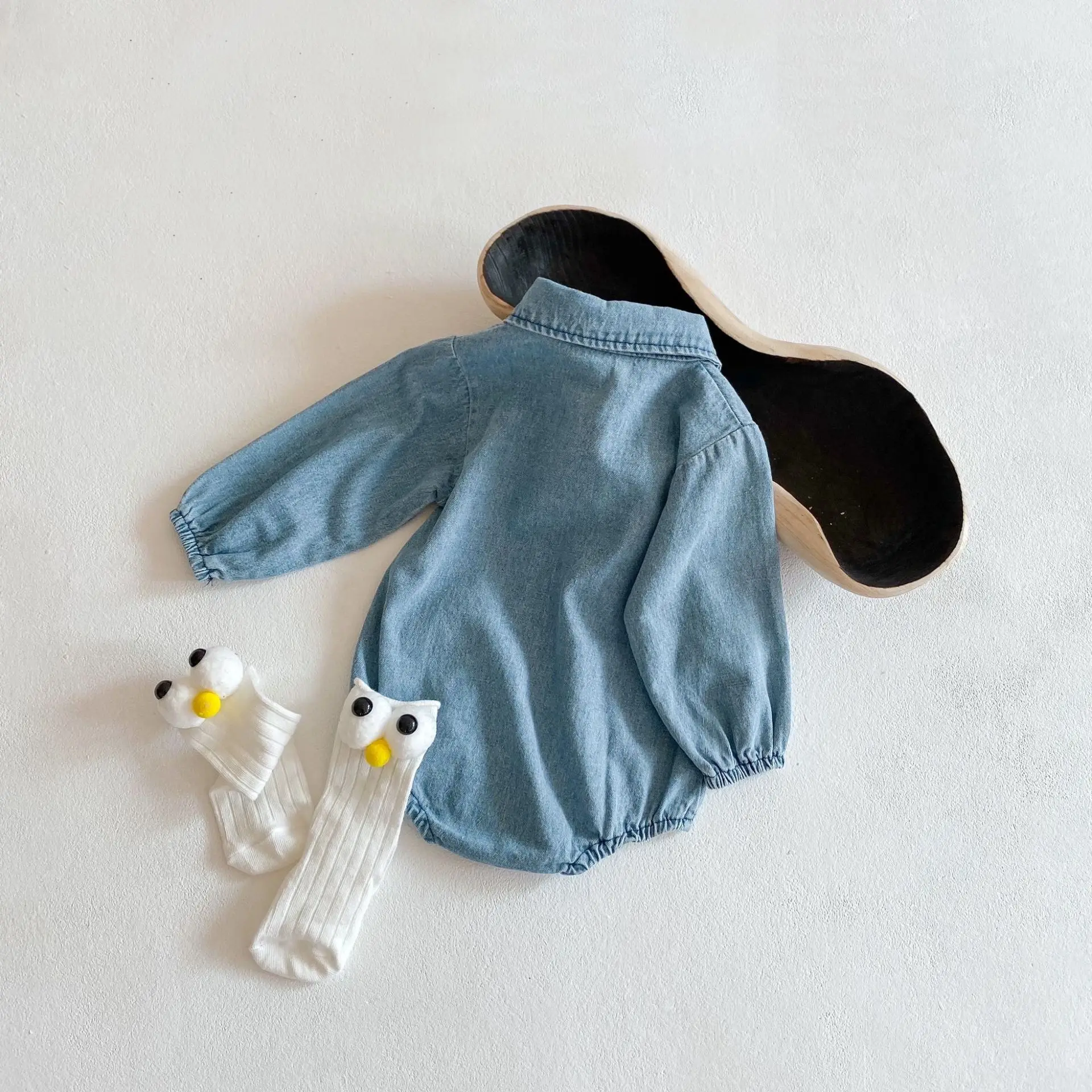 2024 Spring and autumn baby denim long-sleeved casual jumpsuit triangle crawl suit for 0-2 years old boys girls 66 73 80 90 100