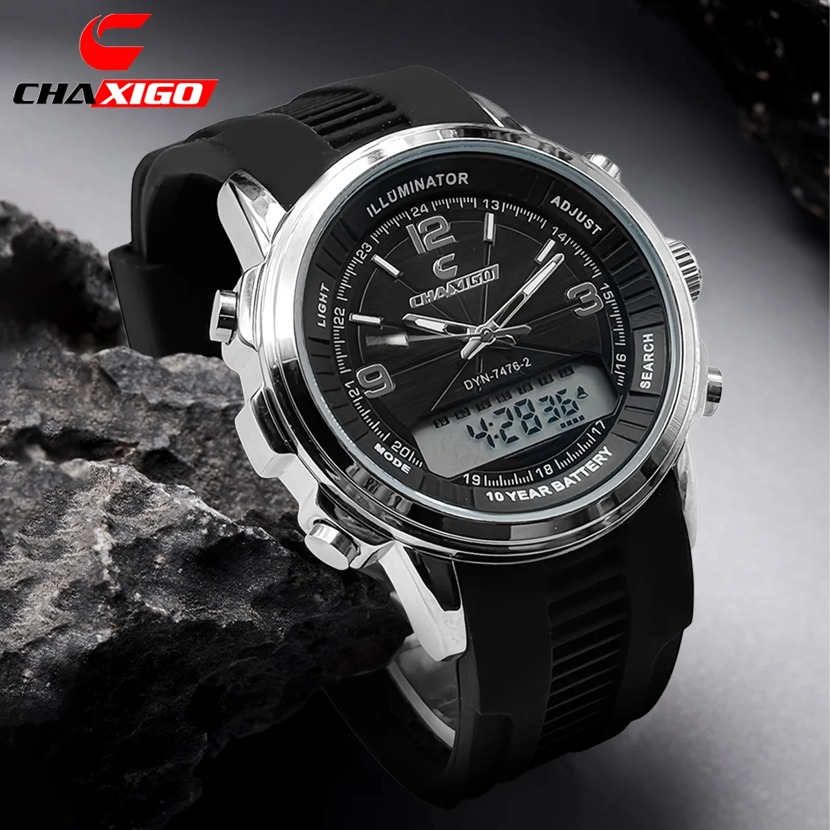 

CHAXIGO Men's Outdoor Sports Silicone Strap Watch, 45.5mm Large Dial, Luminous Display, 30m Waterproof