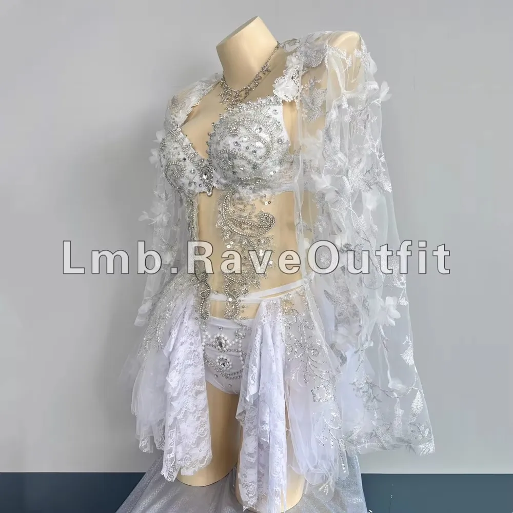 Women Sexy Luxury Diamond Glitter Bikini Electric Syllable Skirt Rave Outfit Nightclub Dancer Stage Wear Birthday Party Clothing