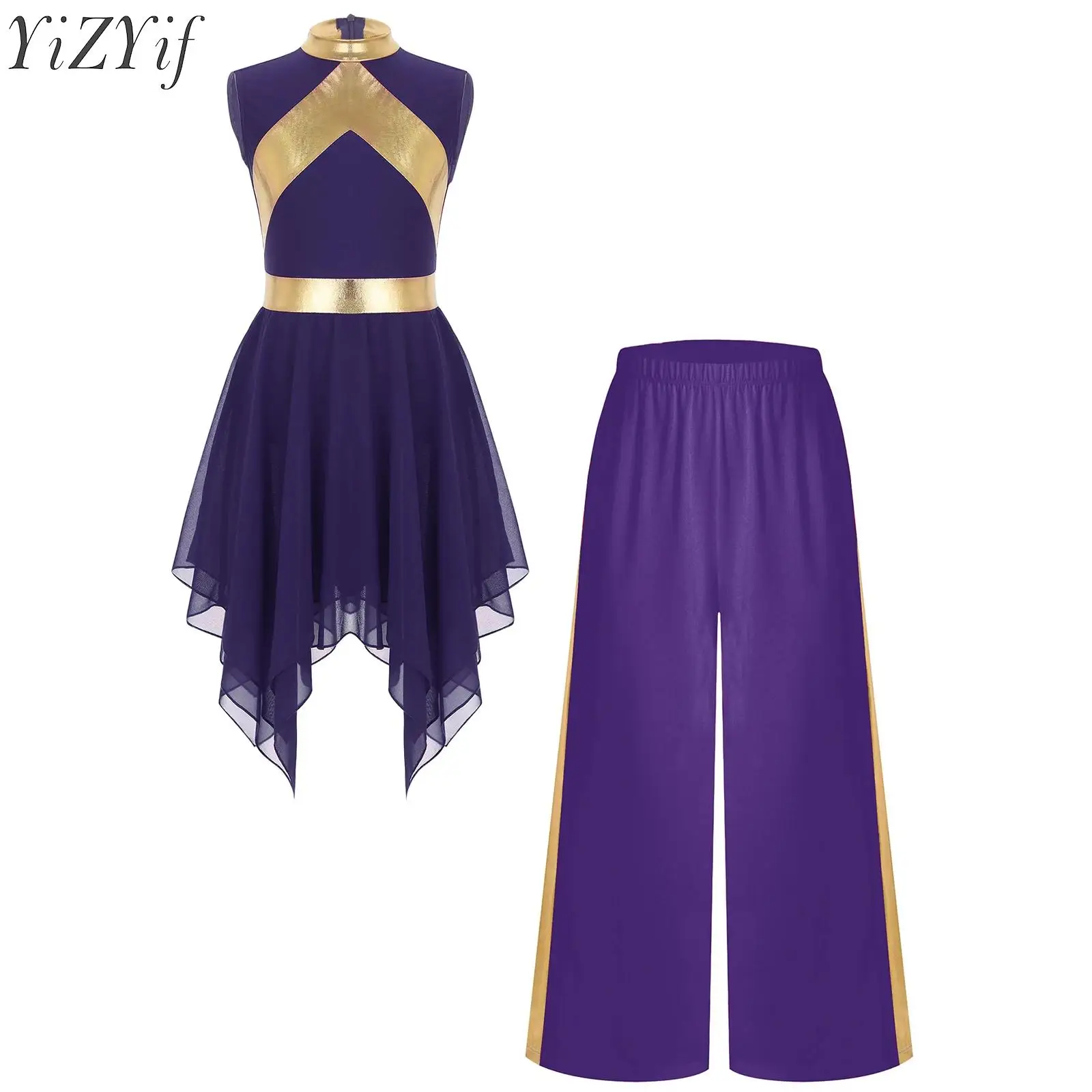 

Kids Girls Liturgical Praise Dance Sets Church Choir Dancewear Contrast Color Asymmetrical Hem Dress with Pants Performance Suit