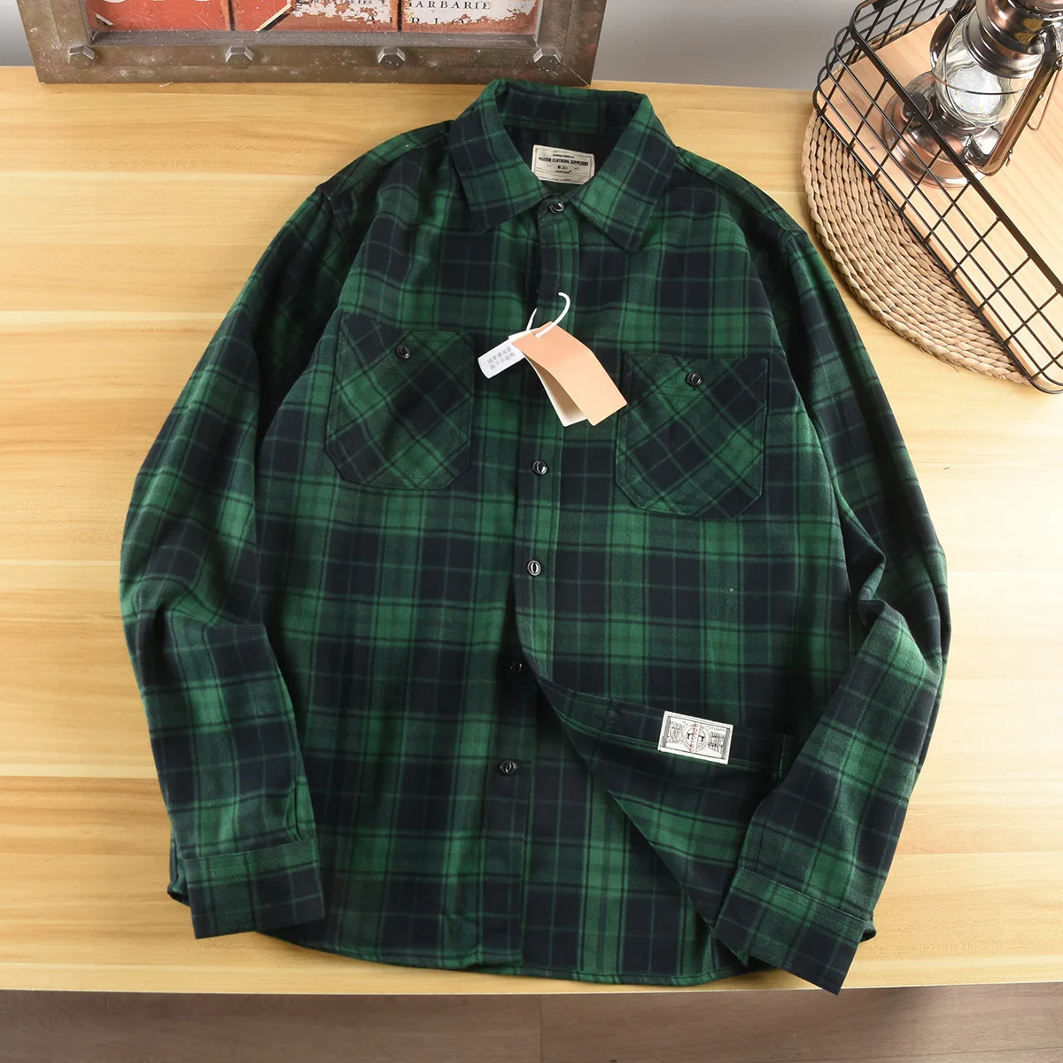 2024 New Retro Plaid Shirt Spring and Autumn Wind Double-pocket Cargo Long-sleeved Shirt Men's Fashion