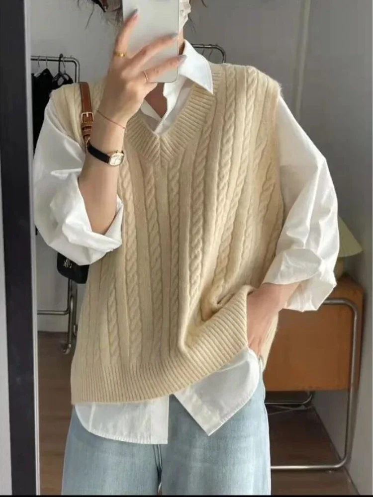Suéter sin mangas con cuello en V para mujer, chalecos sólidos suaves y acogedores de punto Harajuku Unisex, informal, básico que combina con todo,