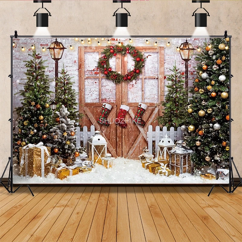 

SHUOZHIKE Christmas Tree Window Wreath Gift Photography Backdrop Window Snowman Cinema Pine New Year Background Prop ZZ-11